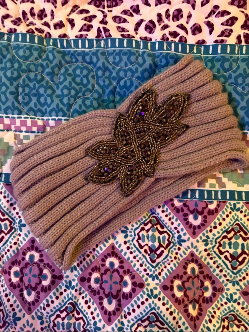 Beaded Knit Headband - Taupe